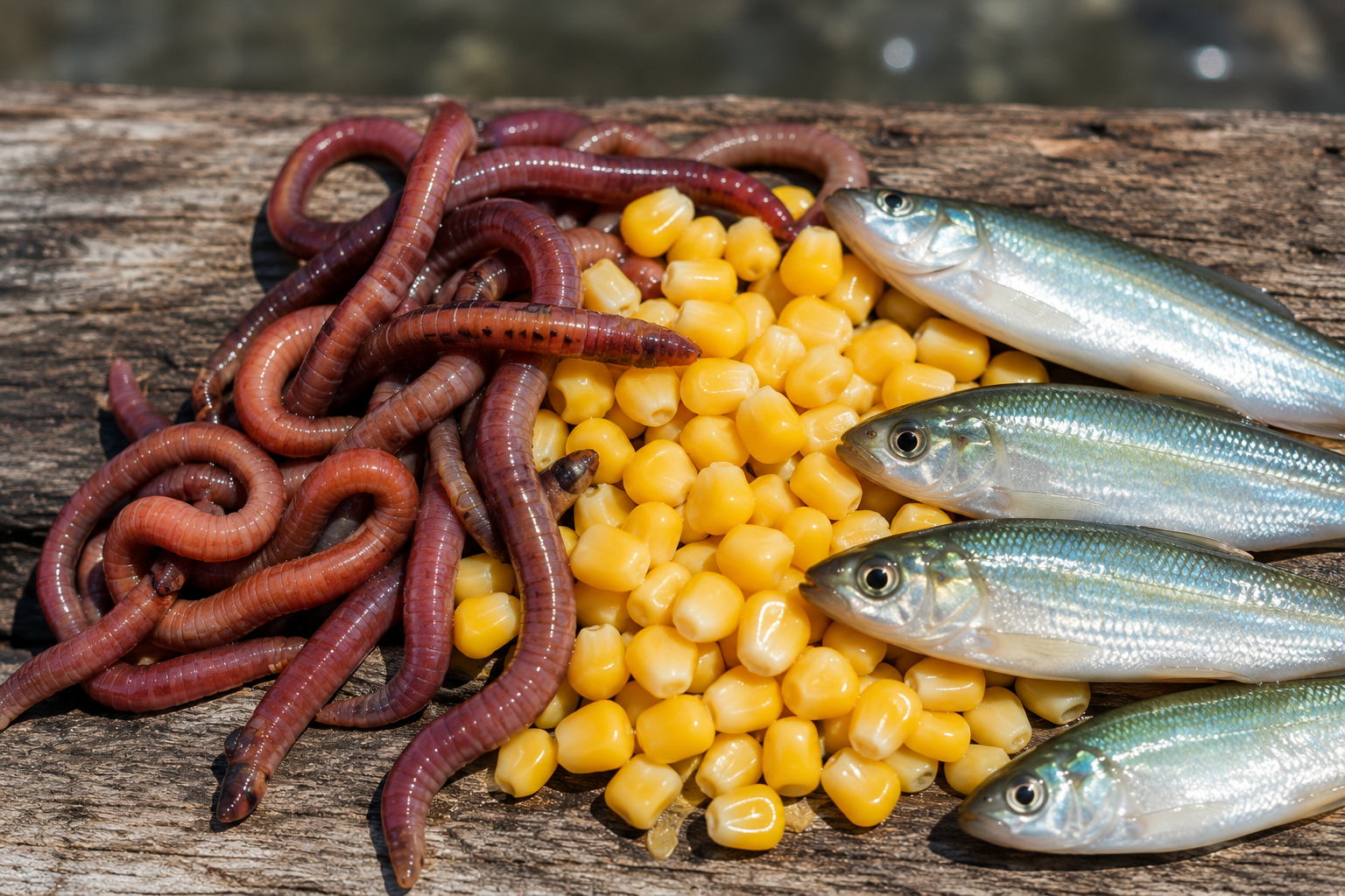 Minhocas, milho e pequenos peixes usados como iscas naturais